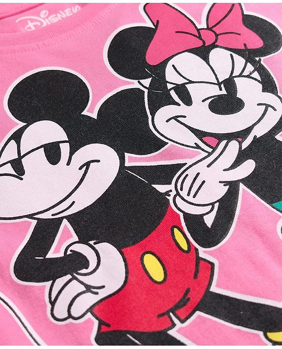 Pine Kids Disney Single Jersey Knit Half Drop Shoulder Sleeves Oversized T-Shirt & Cut & Sew Shorts Set With Minnie Mouse & Family Graphics - Pink
