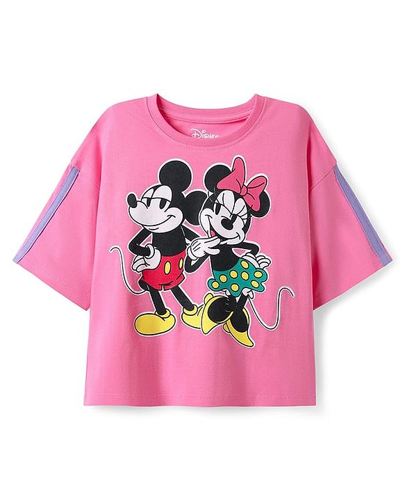 Pine Kids Disney Single Jersey Knit Half Drop Shoulder Sleeves Oversized T-Shirt & Cut & Sew Shorts Set With Minnie Mouse & Family Graphics - Pink
