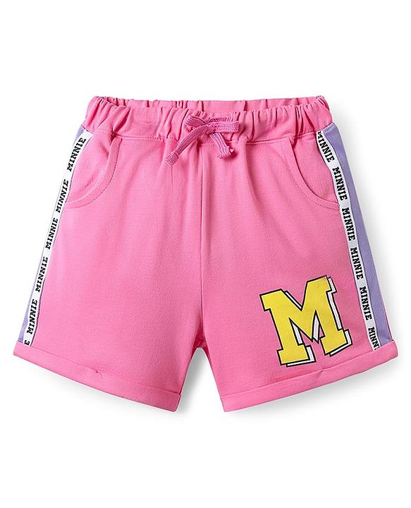 Pine Kids Disney Single Jersey Knit Half Drop Shoulder Sleeves Oversized T-Shirt & Cut & Sew Shorts Set With Minnie Mouse & Family Graphics - Pink
