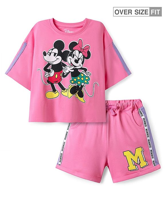 Pine Kids Disney Single Jersey Knit Half Drop Shoulder Sleeves Oversized T-Shirt & Cut & Sew Shorts Set With Minnie Mouse & Family Graphics - Pink