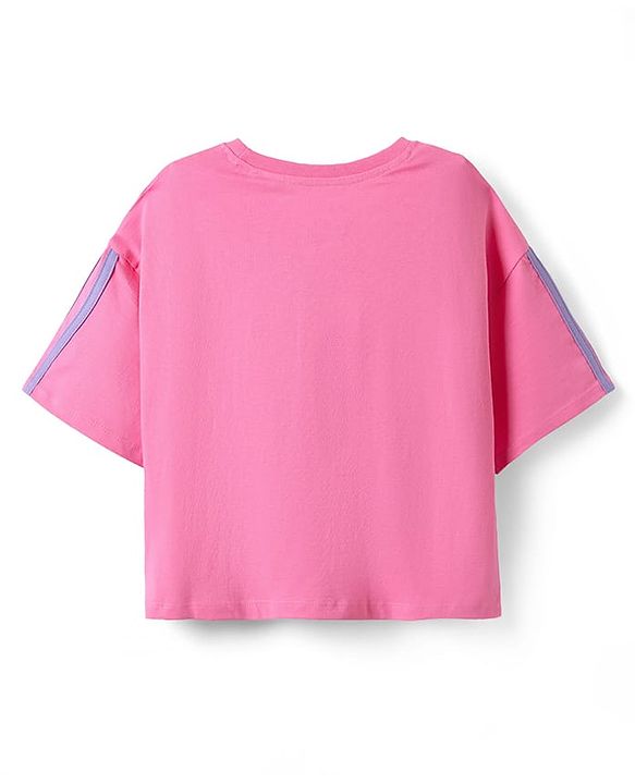 Pine Kids Disney Single Jersey Knit Half Drop Shoulder Sleeves Oversized T-Shirt & Cut & Sew Shorts Set With Minnie Mouse & Family Graphics - Pink