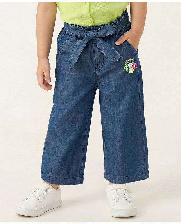 Babyhug Cotton Denim Ankle Length Culottes With Floral Embriodery - Blue