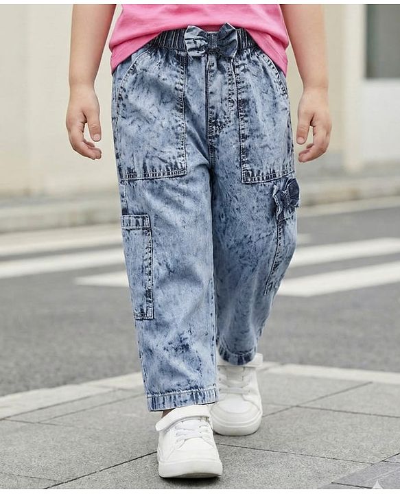 Babyhug 100% Cotton Ankle Length Denim Washed Culotte With Bow Applique - Light Blue