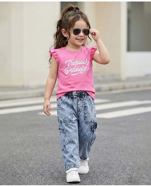 Babyhug 100% Cotton Ankle Length Denim Washed Culotte With Bow Applique - Light Blue