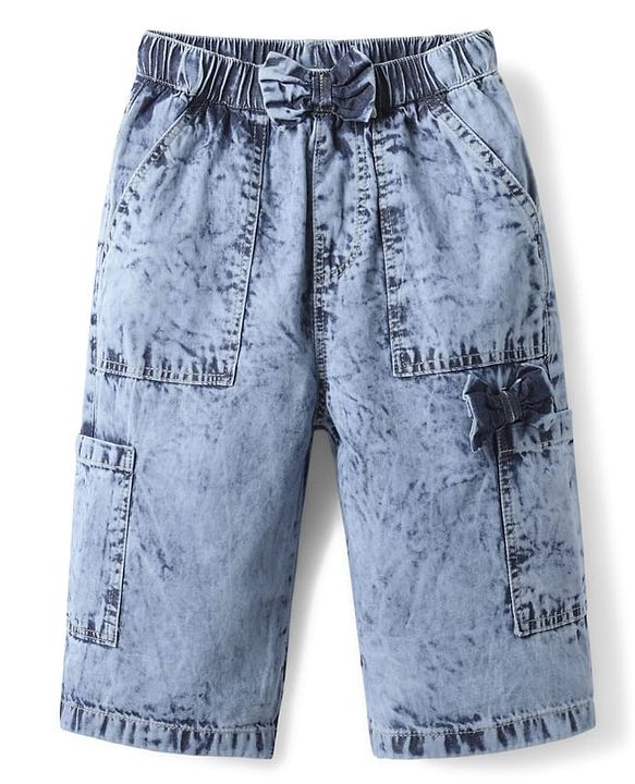 Babyhug 100% Cotton Ankle Length Denim Washed Culotte With Bow Applique - Light Blue