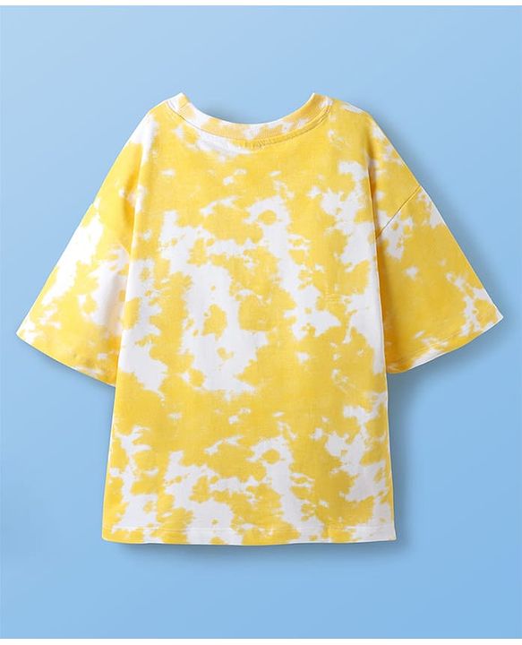 Pine Kids Disney Terry Knit Half Sleeves Drop Shoulder Sleeves Oversized T-Shirt with Minnie Mouse & Family Graphics - Yellow