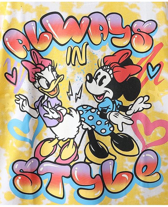 Pine Kids Disney Terry Knit Half Sleeves Drop Shoulder Sleeves Oversized T-Shirt with Minnie Mouse & Family Graphics - Yellow