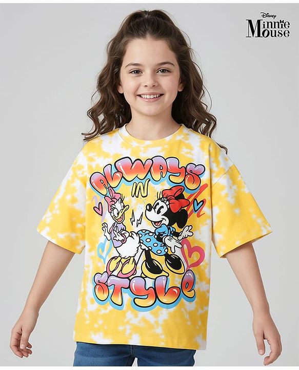 Pine Kids Disney Terry Knit Half Sleeves Drop Shoulder Sleeves Oversized T-Shirt with Minnie Mouse & Family Graphics - Yellow