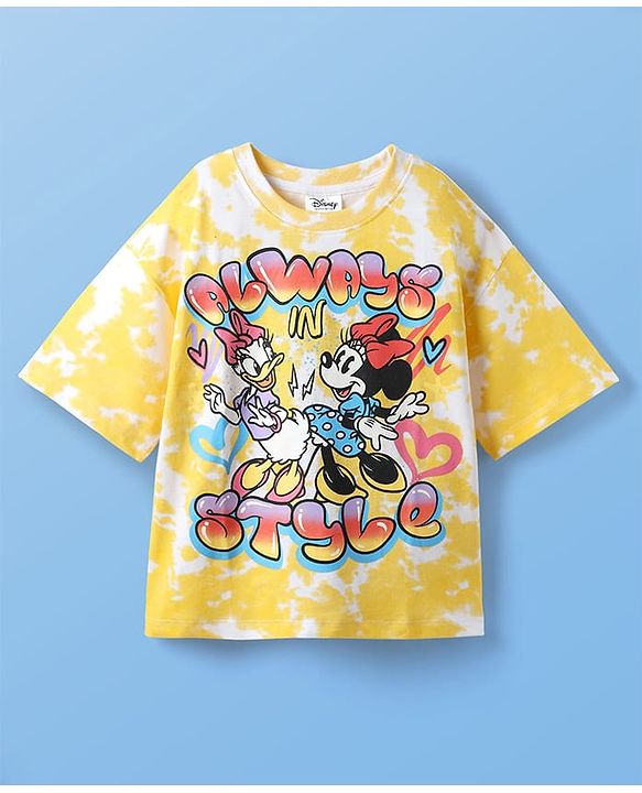 Pine Kids Disney Terry Knit Half Sleeves Drop Shoulder Sleeves Oversized T-Shirt with Minnie Mouse & Family Graphics - Yellow