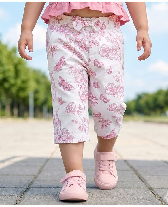Babyhug Twill Woven Capri Length Tropical Theme Print Capris With Stretch & Bow - White