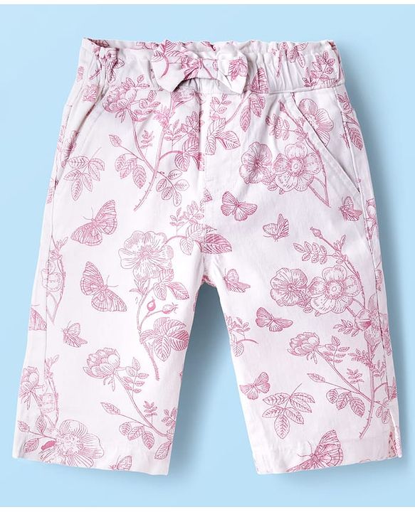 Babyhug Twill Woven Capri Length Tropical Theme Print Capris With Stretch & Bow - White