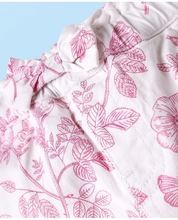 Babyhug Twill Woven Capri Length Tropical Theme Print Capris With Stretch & Bow - White