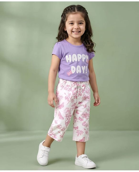 Babyhug Twill Woven Capri Length Tropical Theme Print Capris With Stretch & Bow - White