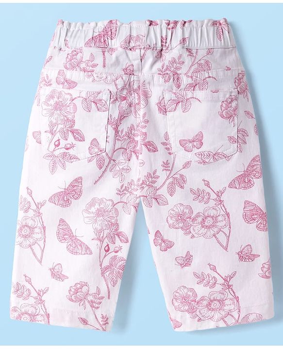 Babyhug Twill Woven Capri Length Tropical Theme Print Capris With Stretch & Bow - White