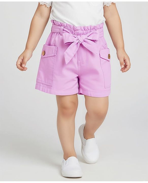 Babyhug Twill Woven Mid Thigh Solid Coloured Shorts With Side Pockets & Belt - Lavender