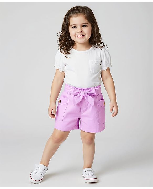 Babyhug Twill Woven Mid Thigh Solid Coloured Shorts With Side Pockets & Belt - Lavender