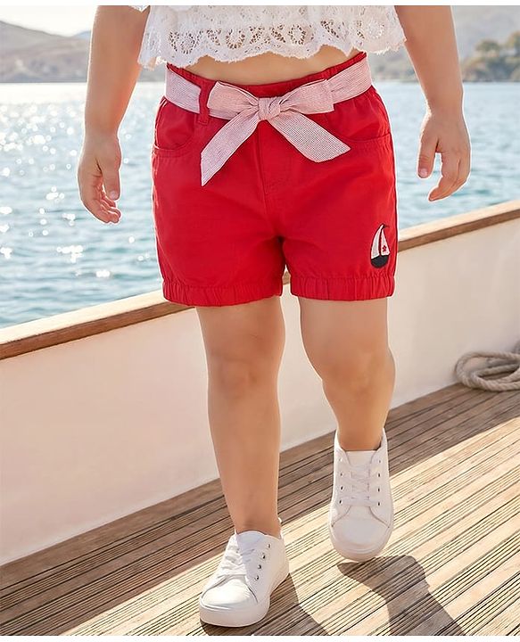 Babyhug Twill Woven Mid Thigh Shorts With Boat Embriodery - Red