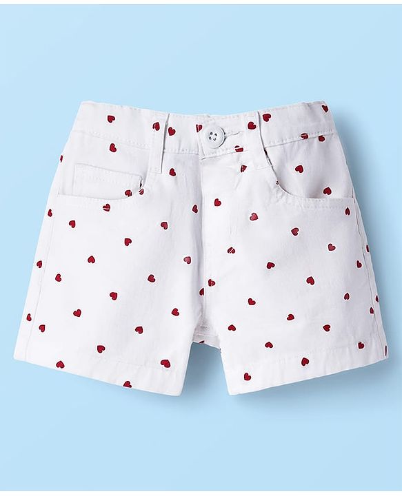 Babyhug Twill Woven Mid Thigh Shorts With Heart Print - White & Red