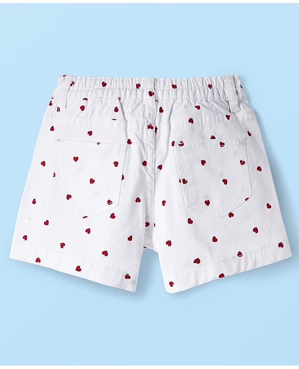 Babyhug Twill Woven Mid Thigh Shorts With Heart Print - White & Red