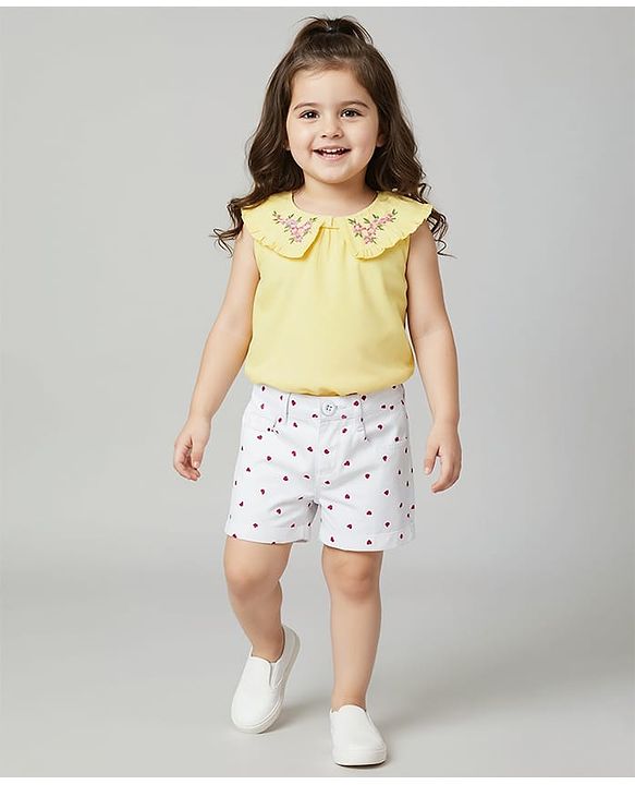 Babyhug Twill Woven Mid Thigh Shorts With Heart Print - White & Red