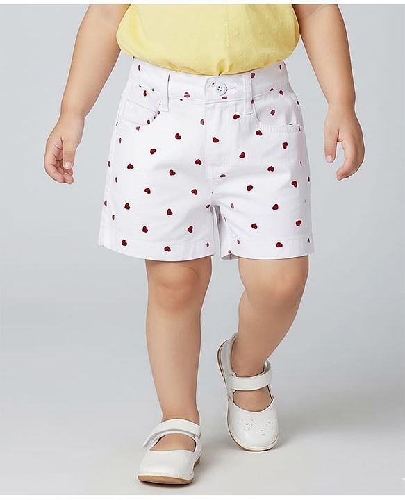 Babyhug Twill Woven Mid Thigh Shorts With Heart Print - White & Red