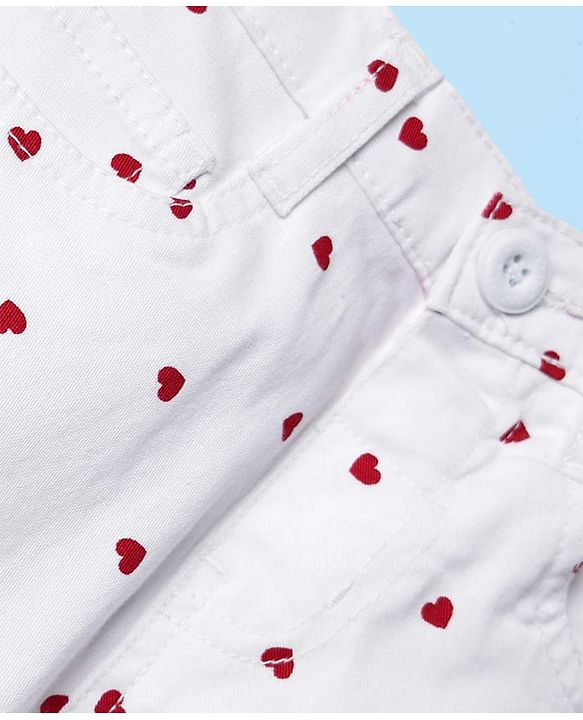Babyhug Twill Woven Mid Thigh Shorts With Heart Print - White & Red
