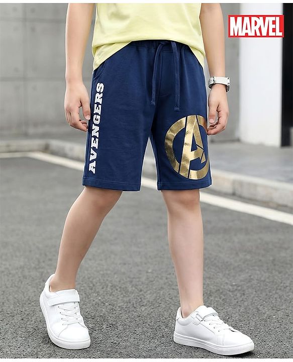 Pine Kids Marvel Terry Knit Knee Length Shorts with Avengers Graphics & Foil Detailing - Navy Blue