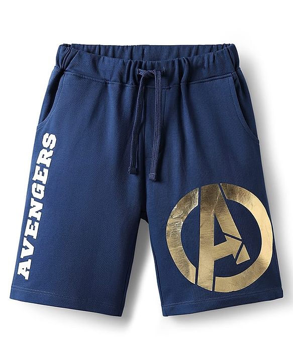 Pine Kids Marvel Terry Knit Knee Length Shorts with Avengers Graphics & Foil Detailing - Navy Blue