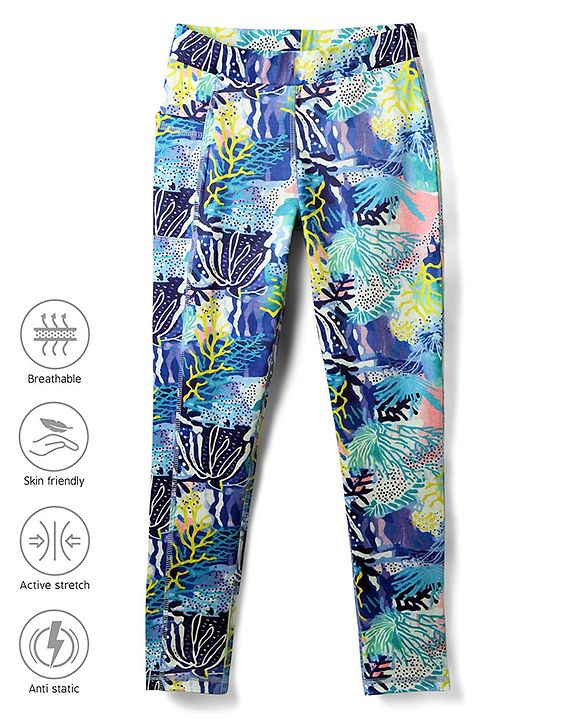 Pine Active Full Length Super Stretch Leggings with Sea Flora Print - Navy Blue