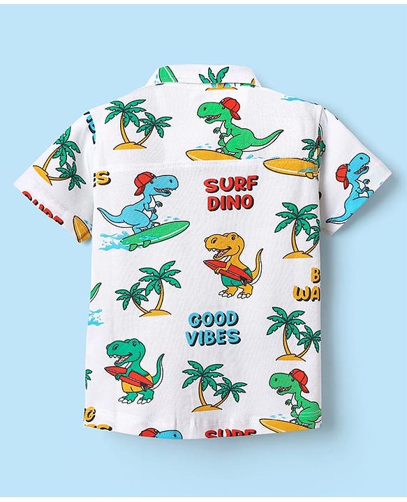 Babyhug Cotton Knit Half Sleeves Shirt With Dino Print - White