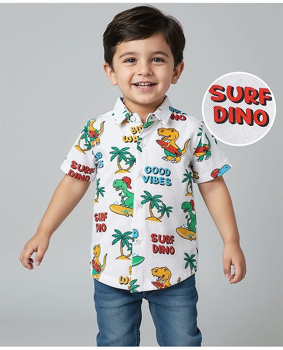 Babyhug Cotton Knit Half Sleeves Shirt With Dino Print - White