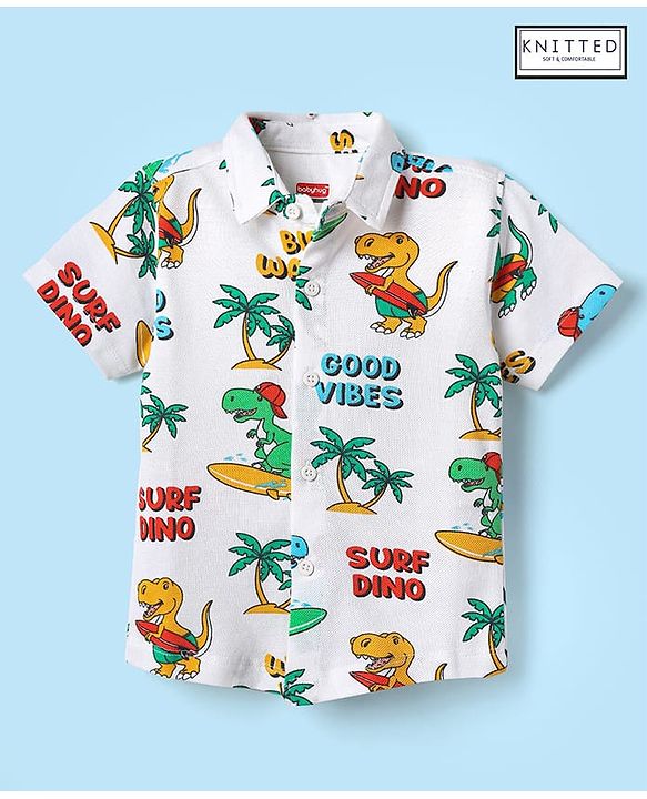 Babyhug Cotton Knit Half Sleeves Shirt With Dino Print - White