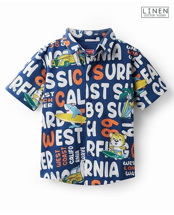 Babyhug Cotton Pique Textured Knit Half Sleeves Shirt With Beach Theme Print - Navy Blue
