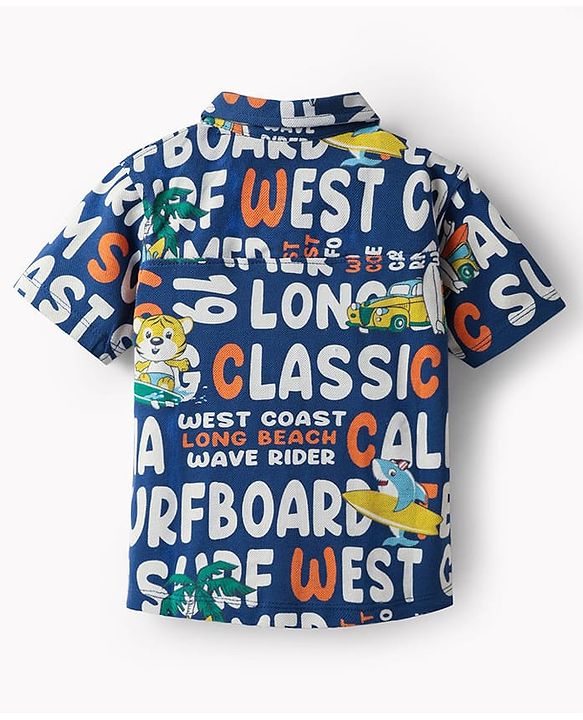 Babyhug Cotton Pique Textured Knit Half Sleeves Shirt With Beach Theme Print - Navy Blue