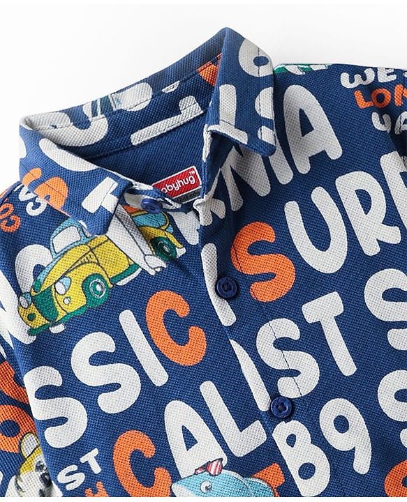 Babyhug Cotton Pique Textured Knit Half Sleeves Shirt With Beach Theme Print - Navy Blue