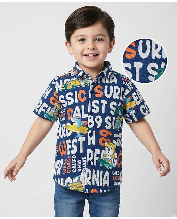 Babyhug Cotton Pique Textured Knit Half Sleeves Shirt With Beach Theme Print - Navy Blue