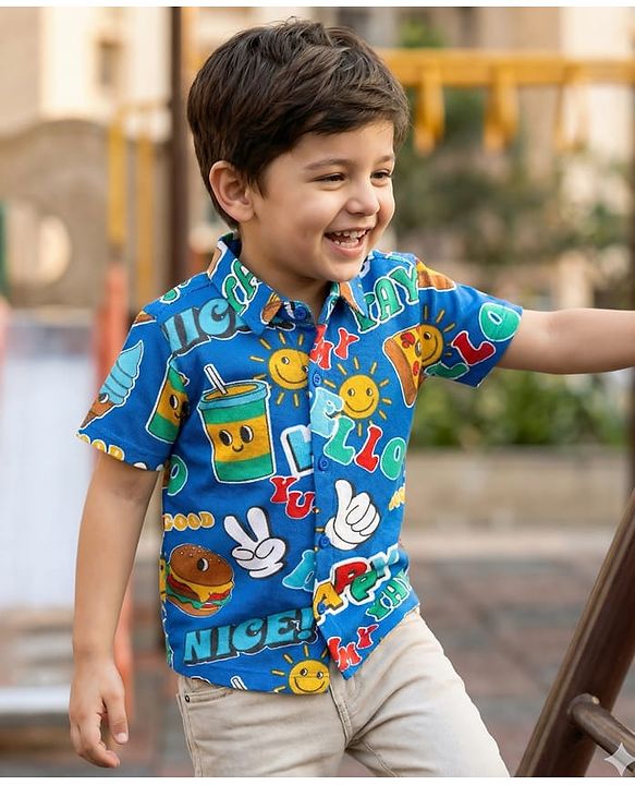 Babyhug Cotton Pique Textured Knit Half Sleeves Shirt With Text Print - Blue
