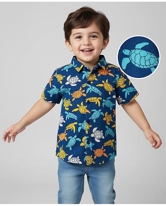 Babyhug Cotton Pique Textured Knit Half Sleeves Tortoise Print - Navy Blue