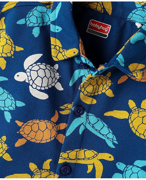 Babyhug Cotton Pique Textured Knit Half Sleeves Tortoise Print - Navy Blue