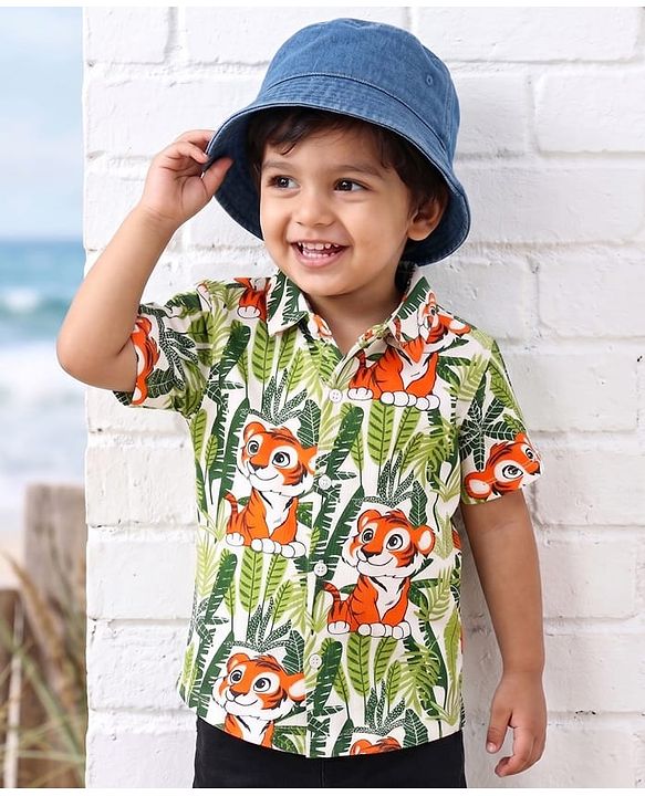 Babyhug Cotton Knit Half sleeves Shirt With Tiger Print - Green