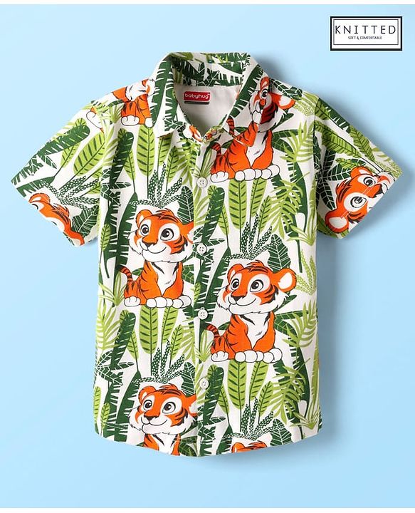 Babyhug Cotton Knit Half sleeves Shirt With Tiger Print - Green