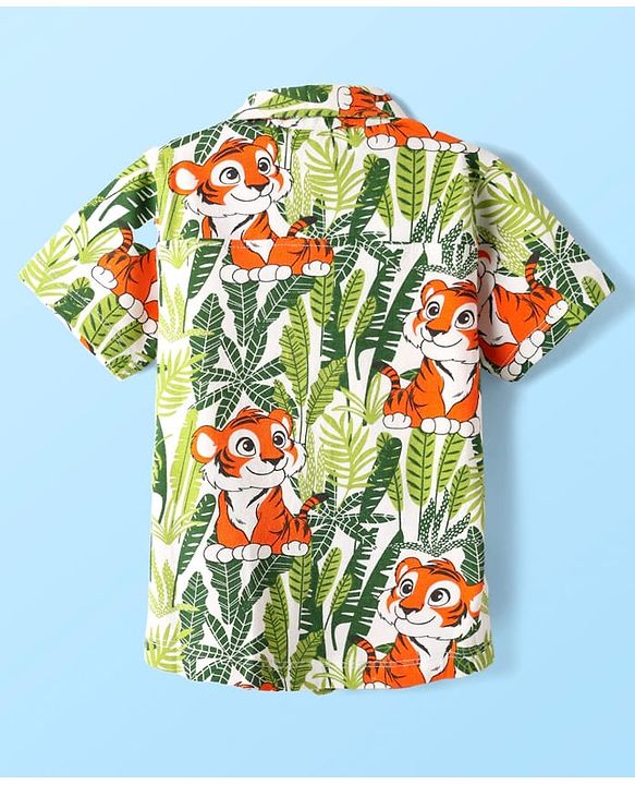 Babyhug Cotton Knit Half sleeves Shirt With Tiger Print - Green