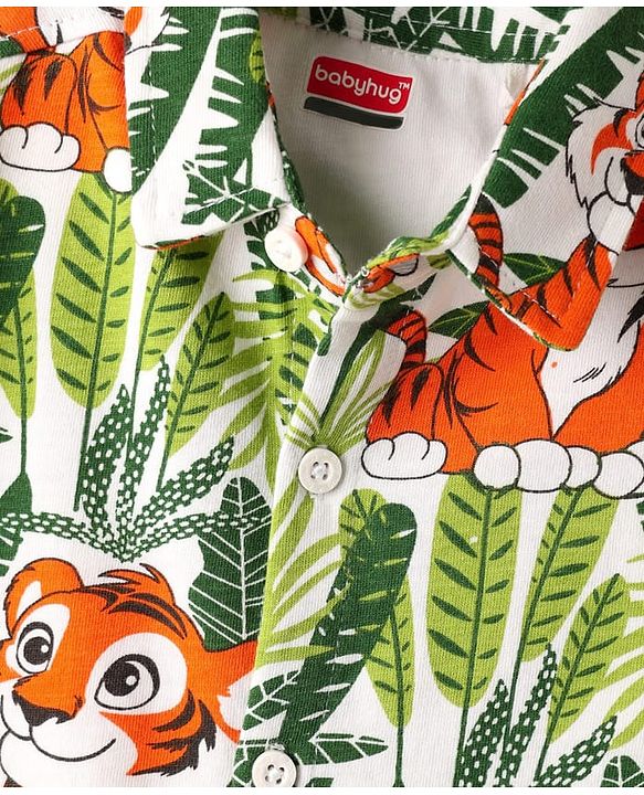Babyhug Cotton Knit Half sleeves Shirt With Tiger Print - Green