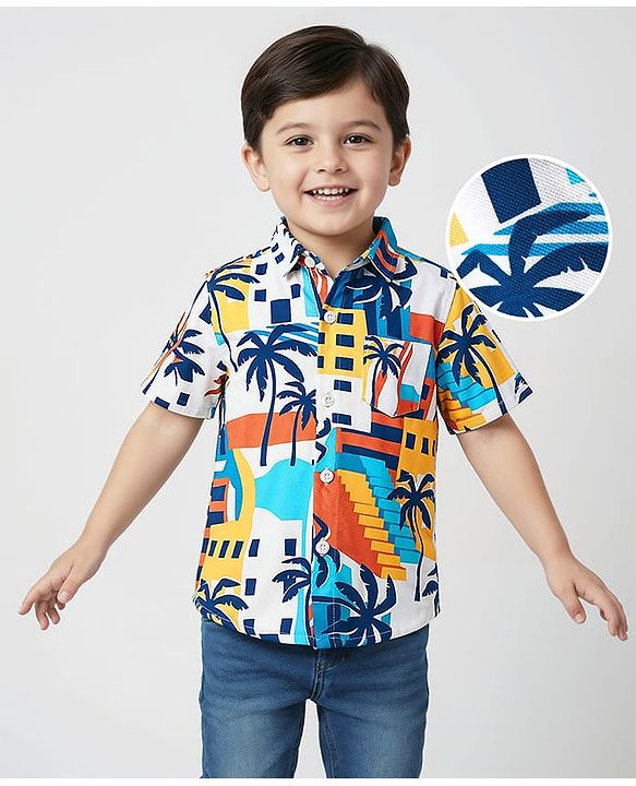Babyhug Cotton Pique Textured Knit Half Sleeves Shirt With Tropical Theme Print - White