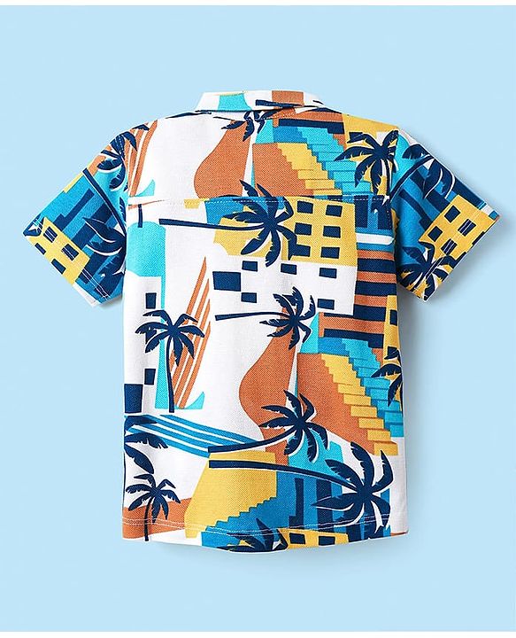 Babyhug Cotton Pique Textured Knit Half Sleeves Shirt With Tropical Theme Print - White