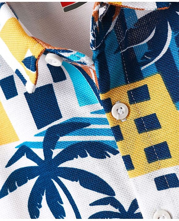 Babyhug Cotton Pique Textured Knit Half Sleeves Shirt With Tropical Theme Print - White