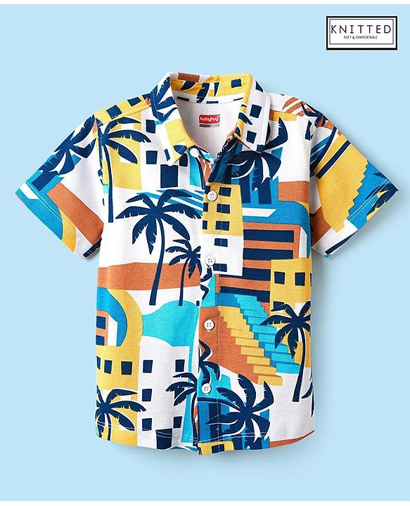 Babyhug Cotton Pique Textured Knit Half Sleeves Shirt With Tropical Theme Print - White