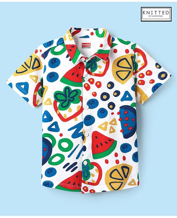 Babyhug Cotton Knit Half Sleeves Shirt With Tropical Theme Print - White