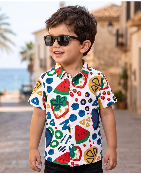 Babyhug Cotton Knit Half Sleeves Shirt With Tropical Theme Print - White