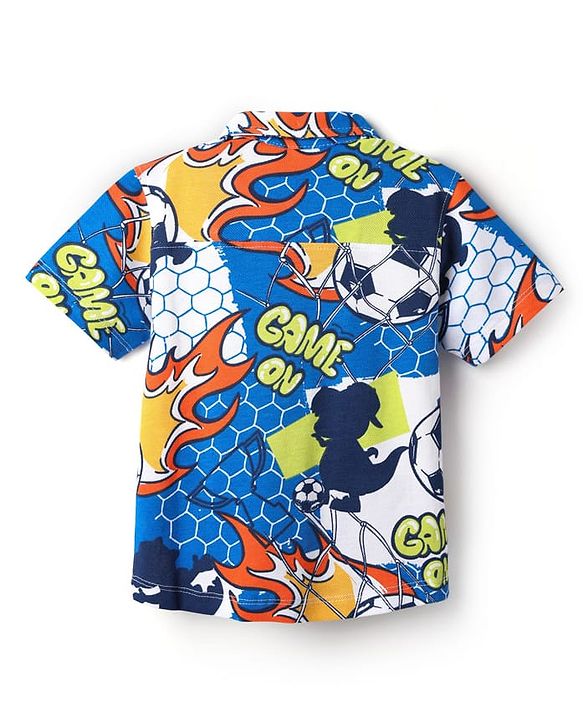 Babyhug Cotton Pique Textured Knit Half Sleeves Shirt With Football Print - Blue